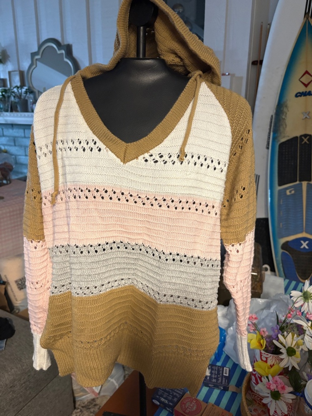 SHEIN Striped V-Neck Hooded Sweater - Pink, Cream & Tan